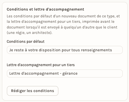 La carte Conditions et lettre d'accompagnement, avec ses deux champs et le bouton Rédiger les conditions
