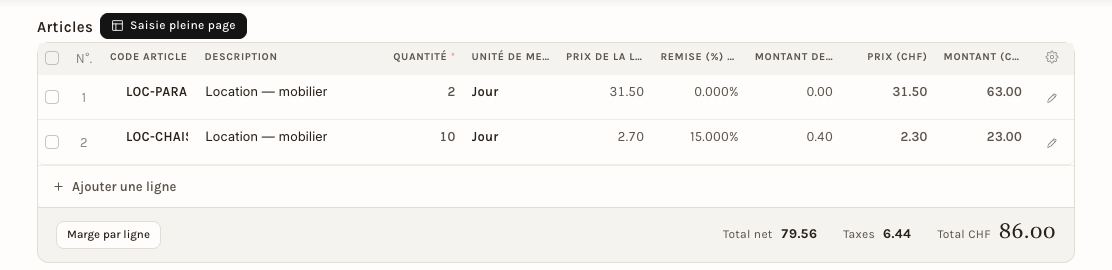 Le devis : la remise de 15 % sur la ligne de 10 chaises, aucune sur celle de 2 parasols