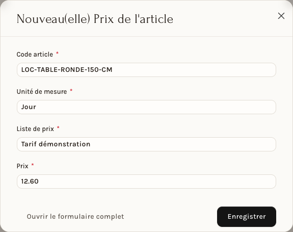 La fenêtre d'ajout d'un prix