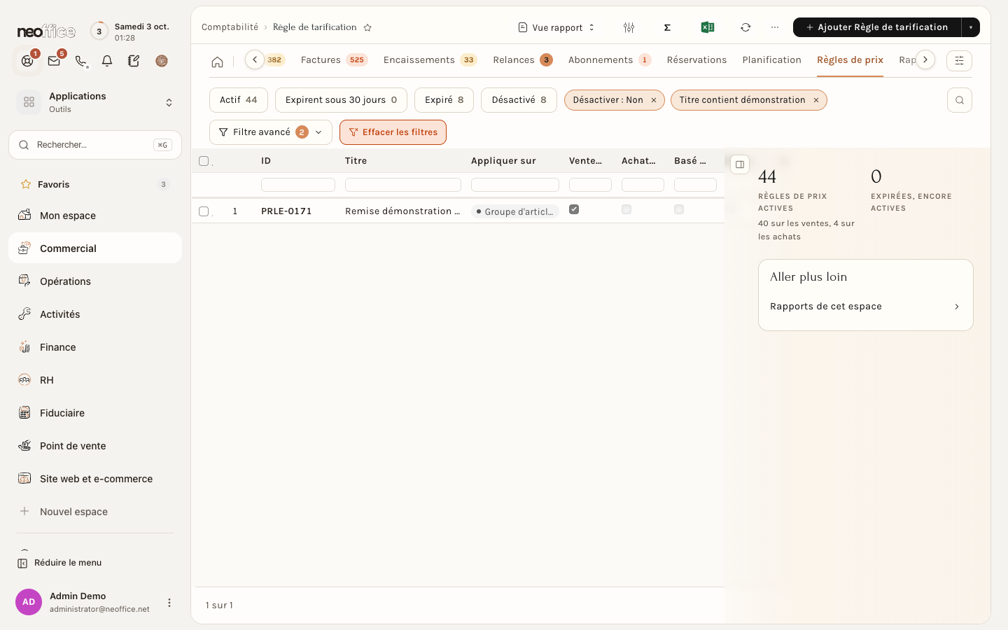 La liste des règles de prix, ici filtrée sur la règle de démonstration