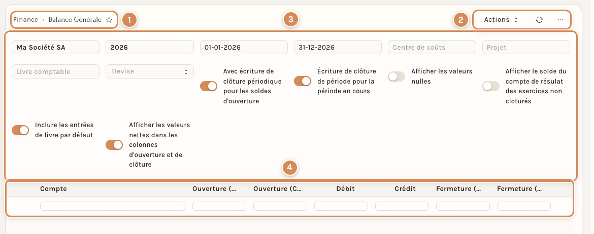 Un rapport : la Balance Générale, ses commandes, ses filtres et l'en-tête du tableau
