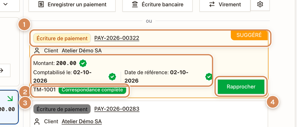 Une transaction choisie et la pièce suggérée