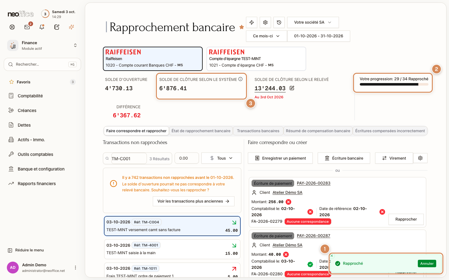 Une transaction rapprochée : la notification et la progression