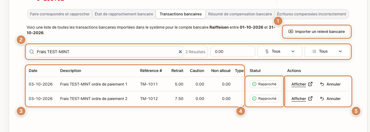 Les transactions de la période et leur statut