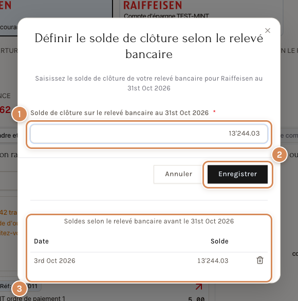 La fenêtre pour saisir le solde du relevé