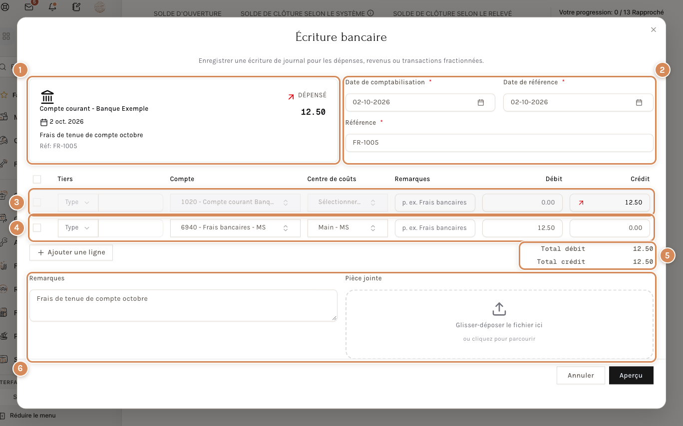 La fenêtre Écriture bancaire pour des frais de 12.50, six zones