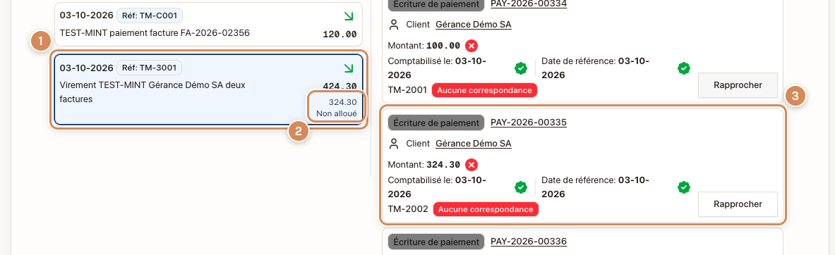 Une transaction partiellement rapprochée : 324.30 restent à placer