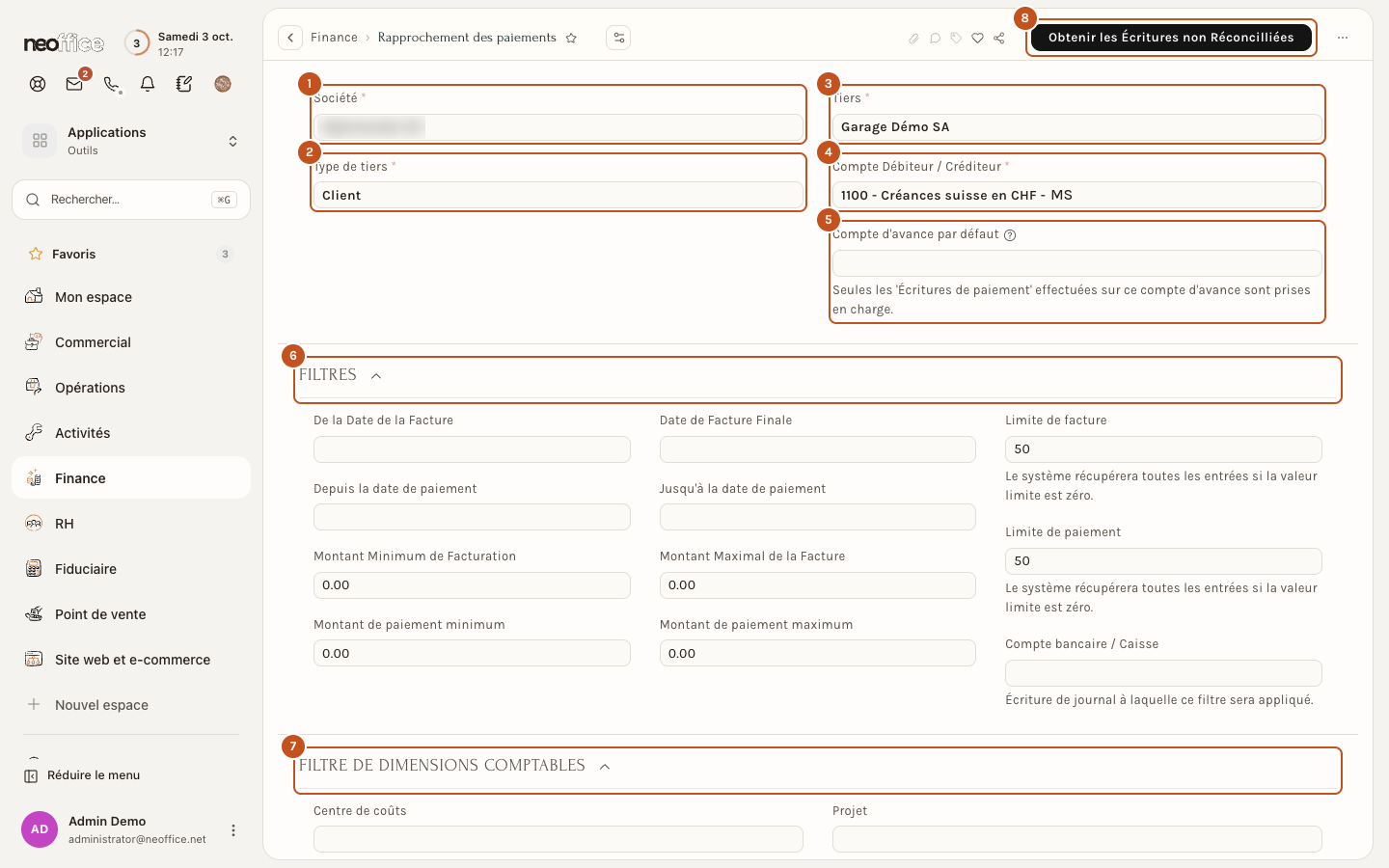 Le haut de l'outil : société, type de tiers, tiers, compte, compte d'avance, filtres et bouton