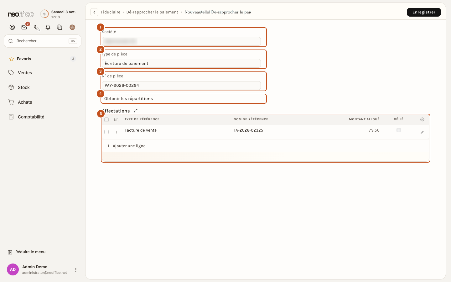 Dé-rapprocher le paiement : société, type de pièce, numéro, bouton Obtenir les répartitions, tableau Affectations