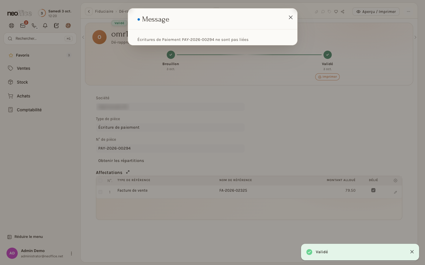 À la validation : le message « Écritures de Paiement … ne sont pas liées »