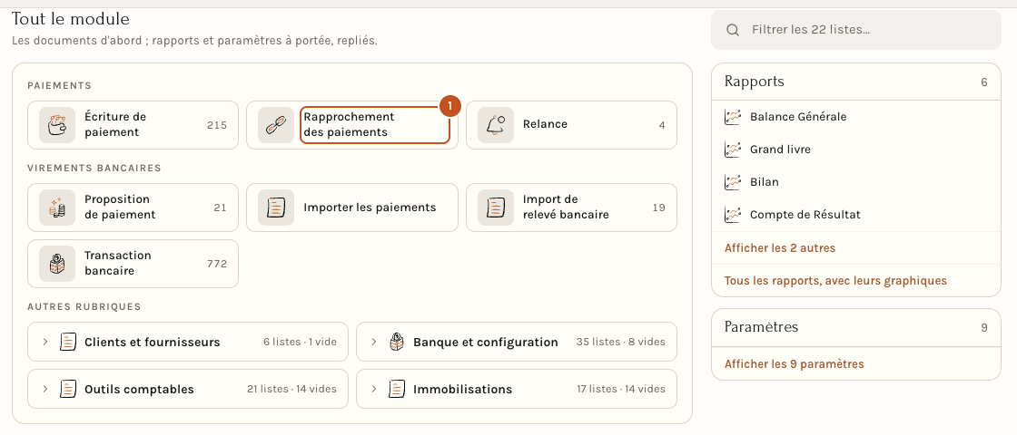L'espace Finance, rubrique Tout le module : la carte Paiements et l'entrée Rapprochement des paiements