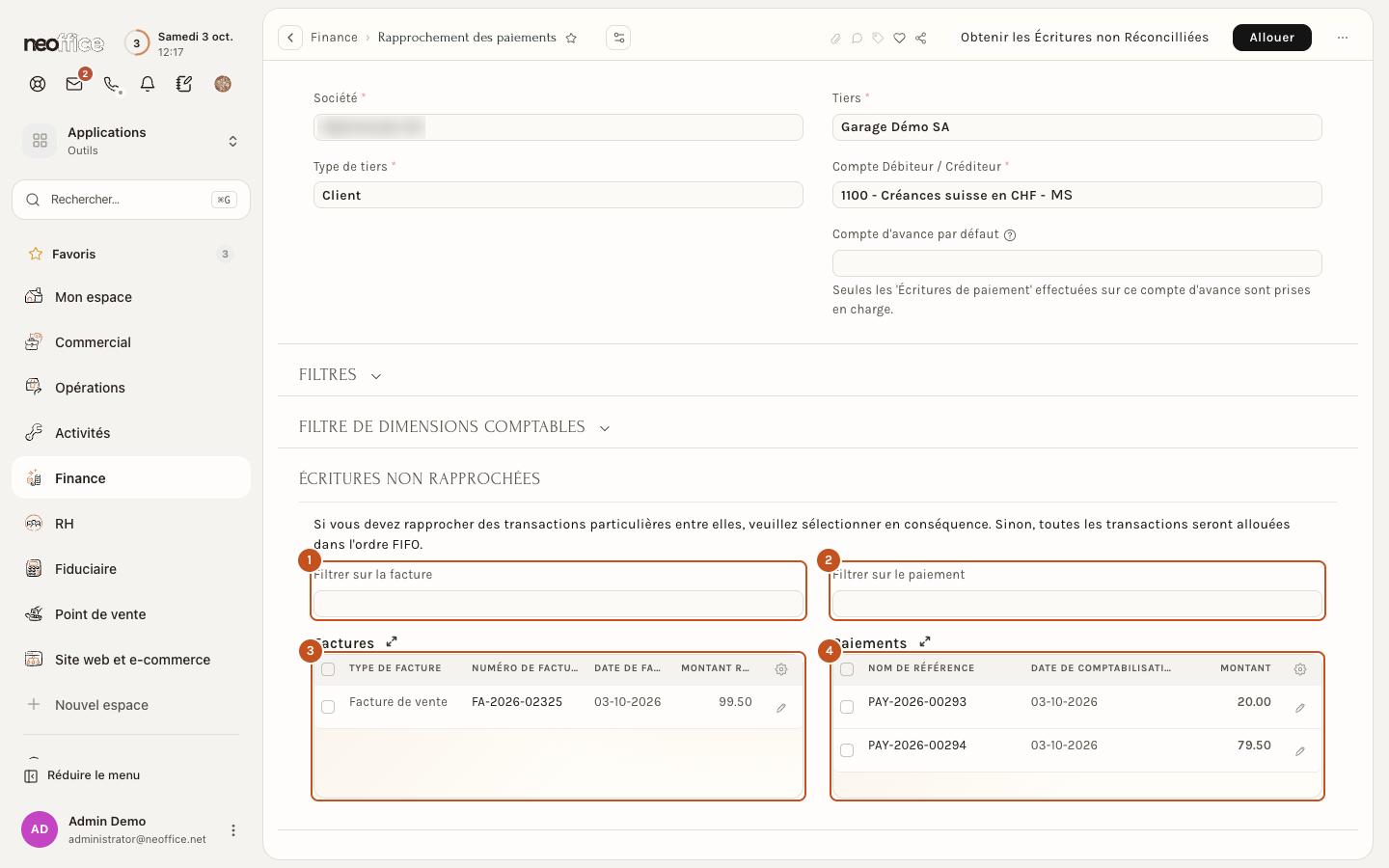 Les tableaux Factures et Paiements : filtres sur le nom, factures ouvertes, paiements et notes ouverts