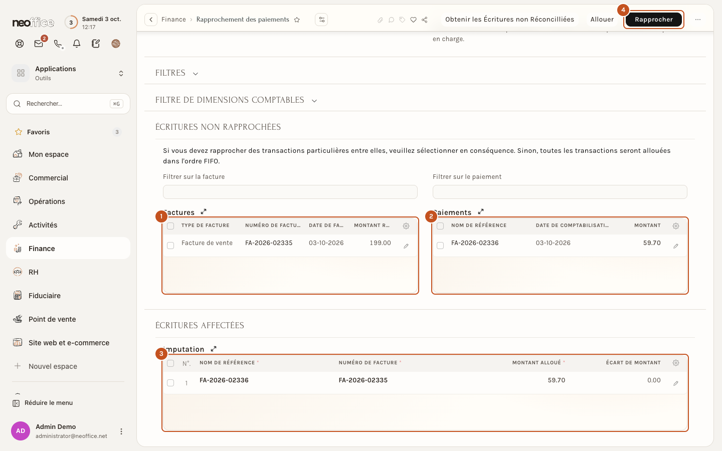 Le rapprochement de la note de crédit de −59.70 avec la facture de 199.00 : sélection, tableau d'imputation et bouton Rapprocher