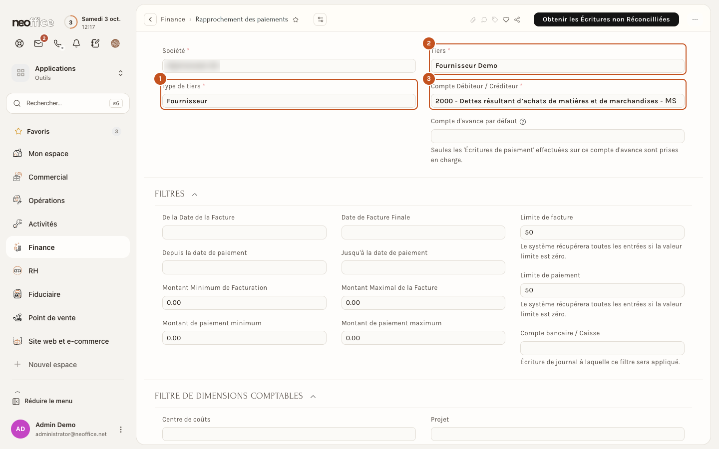 Le haut de l'outil pour un fournisseur : Type de tiers Fournisseur, compte 2000