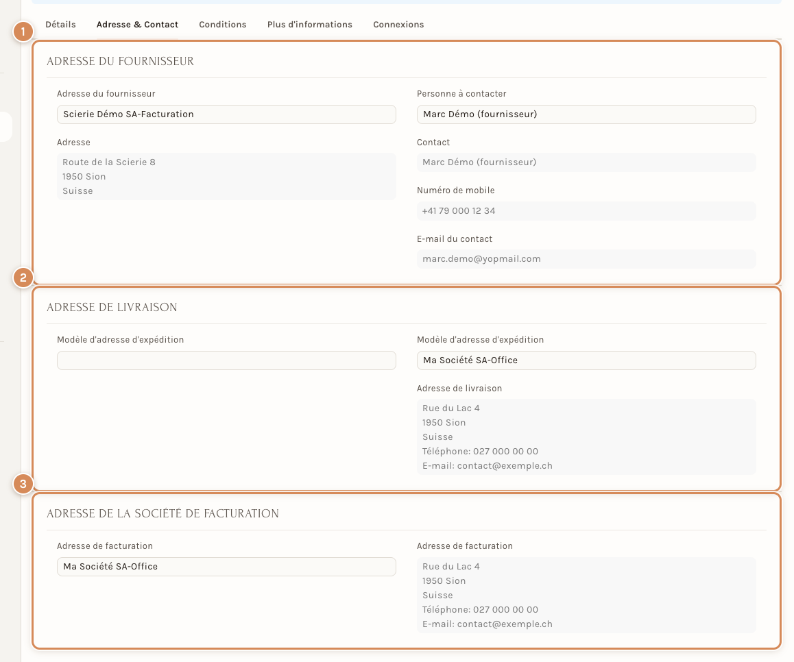 L'onglet Adresse & Contact d'une réception : adresse du fournisseur, adresse de livraison, adresse de la société de facturation
