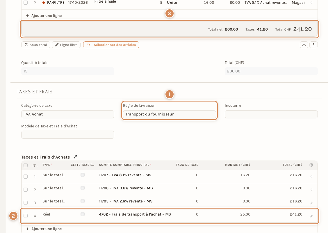La commande fournisseur avec sa règle d'achat