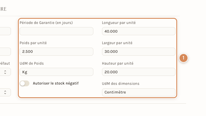 Le poids et les dimensions d'un article, onglet Inventaire