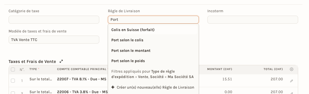 La liste des règles proposées dans le champ Règle de Livraison