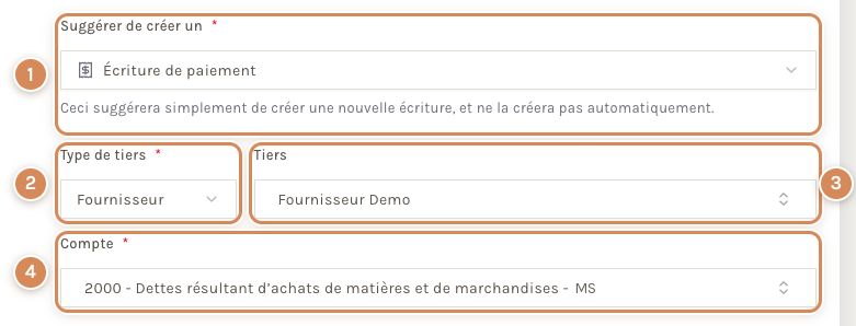 La suggestion Écriture de paiement : type de tiers, tiers, compte