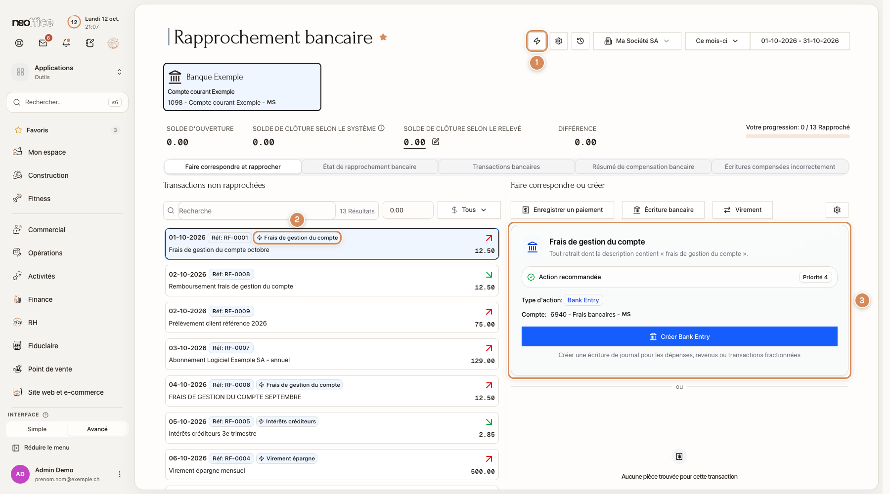 L'écran de rapprochement : l'éclair des règles, l'étiquette d'une règle sur une transaction, la suggestion de la règle