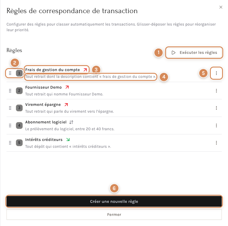 Le panneau des règles : le menu Exécuter les règles, la liste, la création