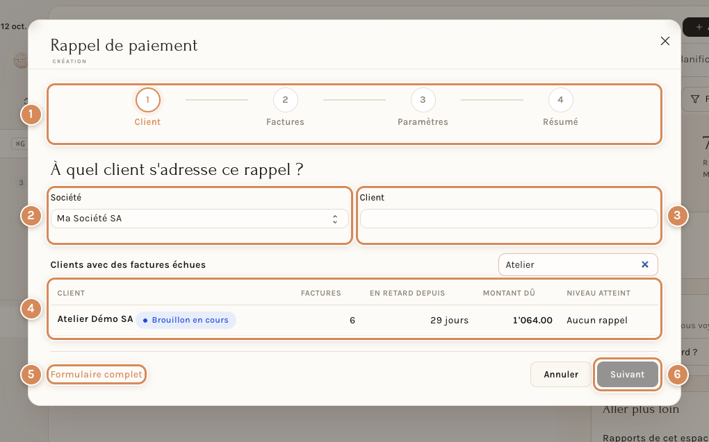 Étape 1 : le client, et la liste des clients qui ont des factures échues