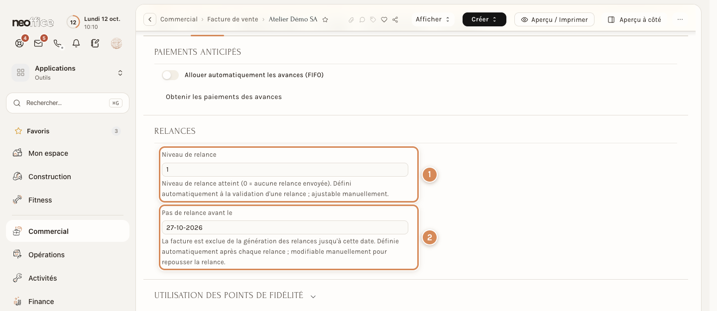 La section Relances d'une facture