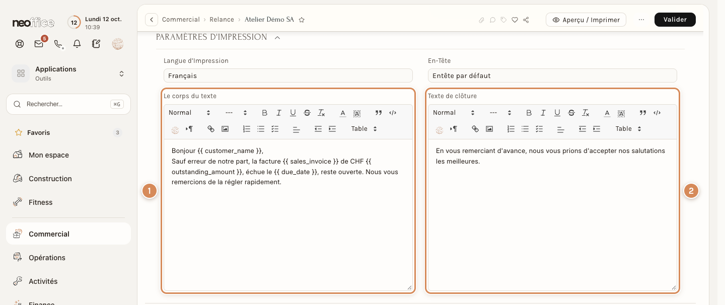 Un texte de lettre avec des variables, dans la fiche de la relance