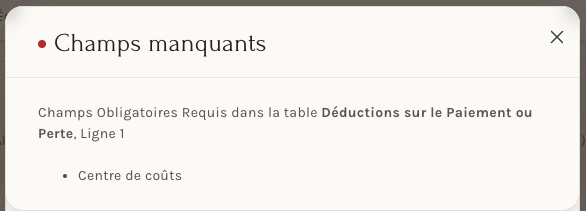 Le message Champs manquants, à l'enregistrement du paiement