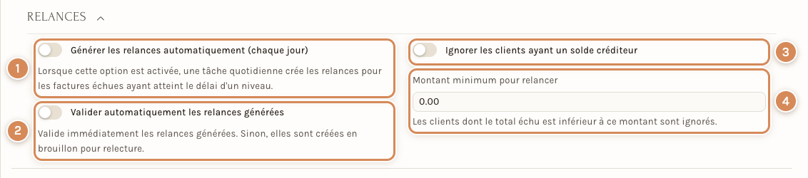Les réglages automatiques de la section Relances