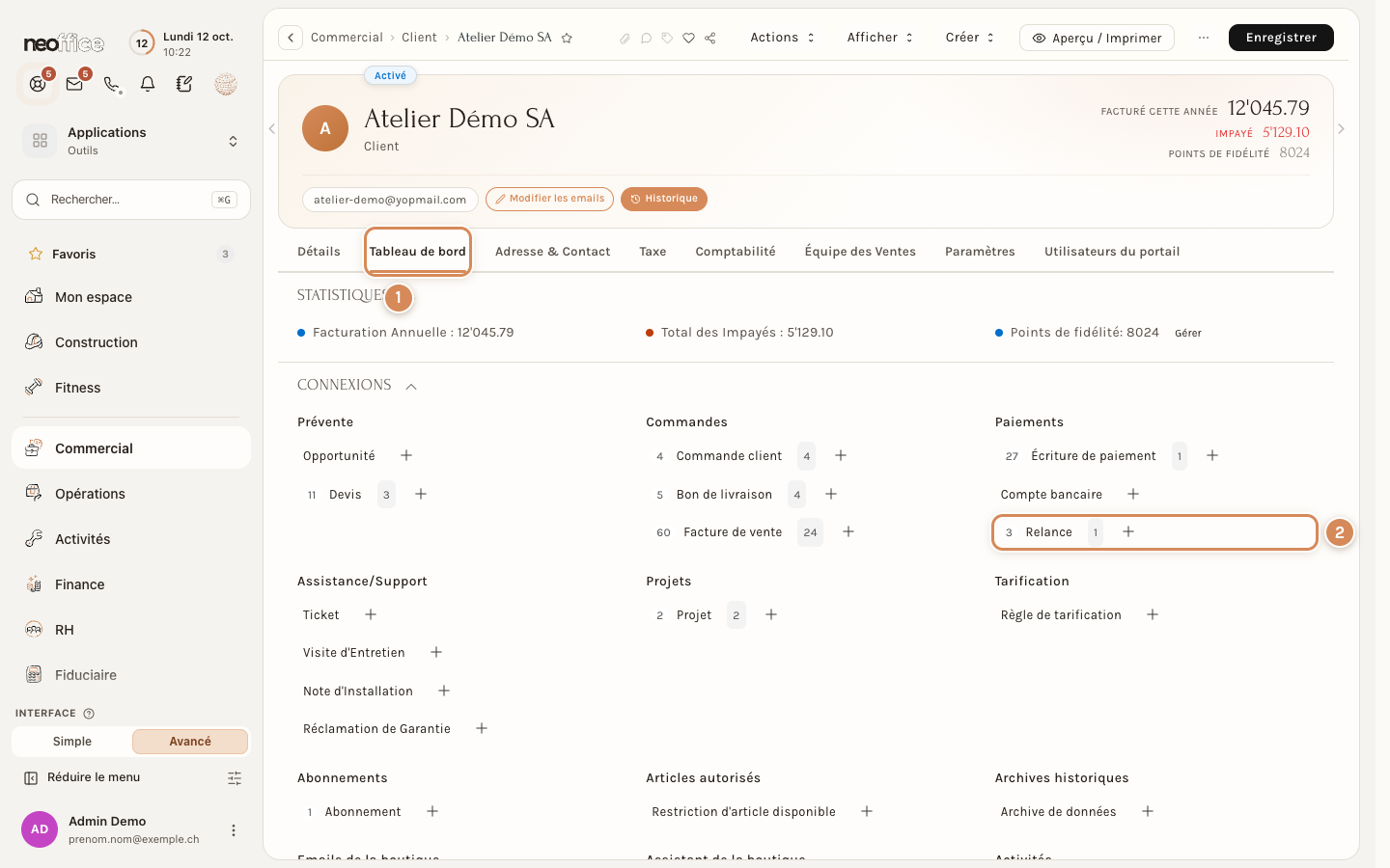 La fiche d'un client, onglet Tableau de bord : la connexion Relance