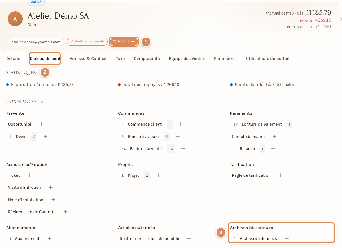 La fiche d'un client : le bouton Historique et le groupe Archives historiques du Tableau de bord
