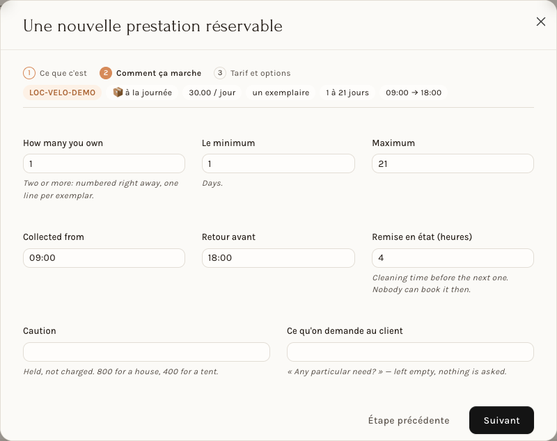 L'étape 2 pour une prestation à la journée