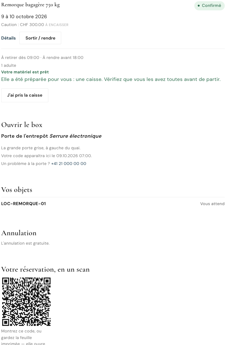 Le détail d'une réservation préparée : caisse prête, box, objets, annulation et QR