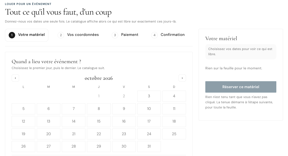 La page publique Louer pour un événement : les dates d'abord, le catalogue ensuite