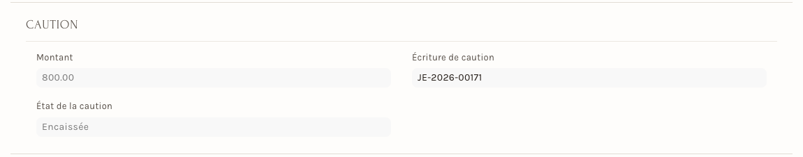 La section Caution : le montant, l'état et l'écriture liée