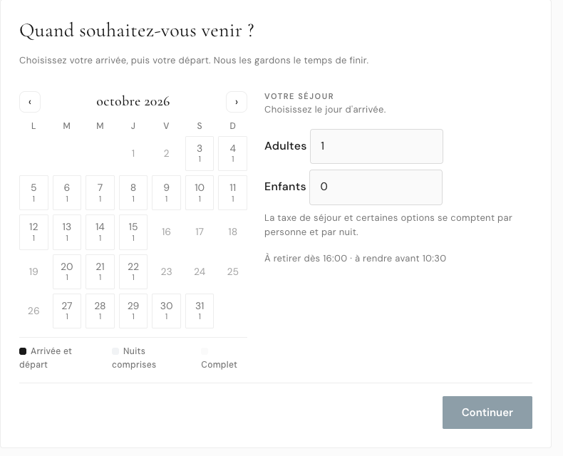 Le sélecteur de la fiche d'un chalet : arrivée, départ, adultes et enfants