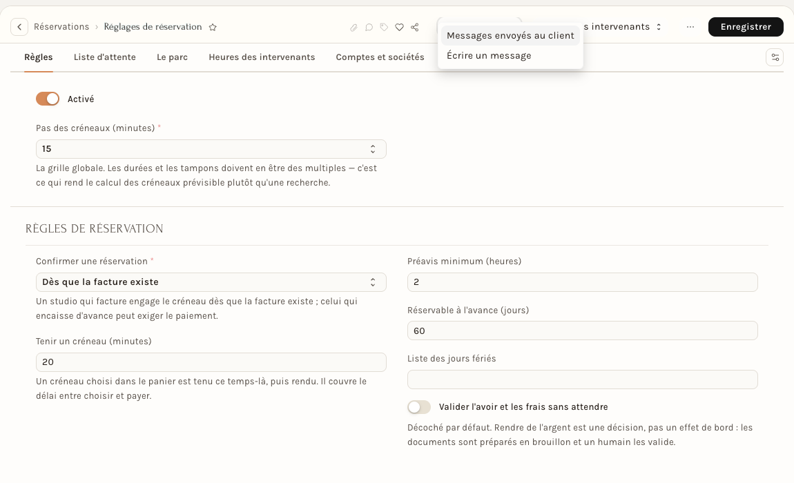 L'onglet Règles, avec le menu Notifications ouvert