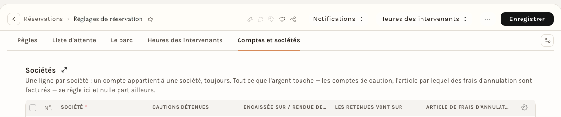 L'onglet Comptes et sociétés : une ligne par société