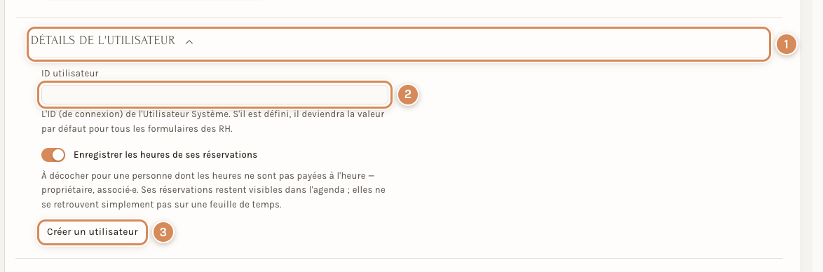La section « Détails de l'utilisateur » de la fiche Employé : le champ ID utilisateur et le bouton Créer un utilisateur