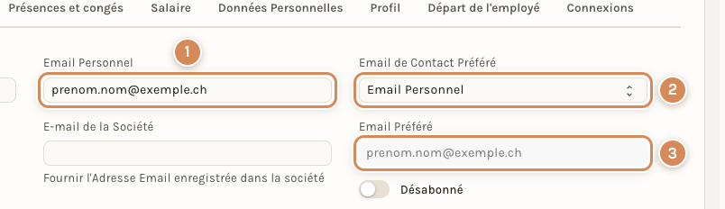 L'onglet Adresse & Contacts : l'adresse personnelle, l'e-mail de contact préféré et l'adresse retenue