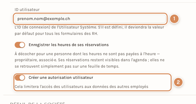 Le champ ID utilisateur rempli et l'interrupteur Créer une autorisation utilisateur