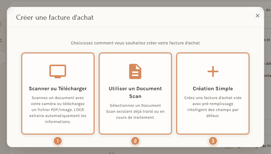 Les trois cartes de la fenêtre de création d'une facture d'achat