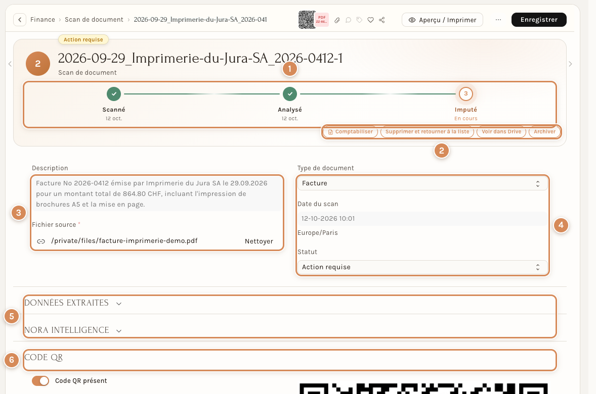Le formulaire d'un scan : progression, actions, description et sections