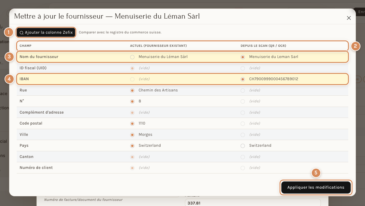 Le tableau qui compare la fiche du fournisseur et le scan