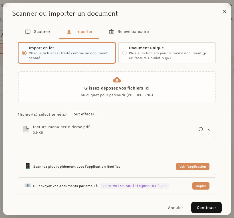 La fenêtre d'import avec un fichier choisi