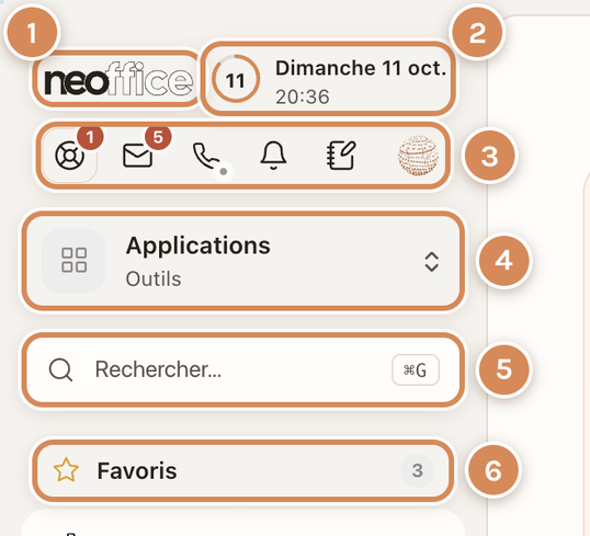 Le haut du menu de gauche : le logo, la date, les icônes, Applications, la recherche, les favoris