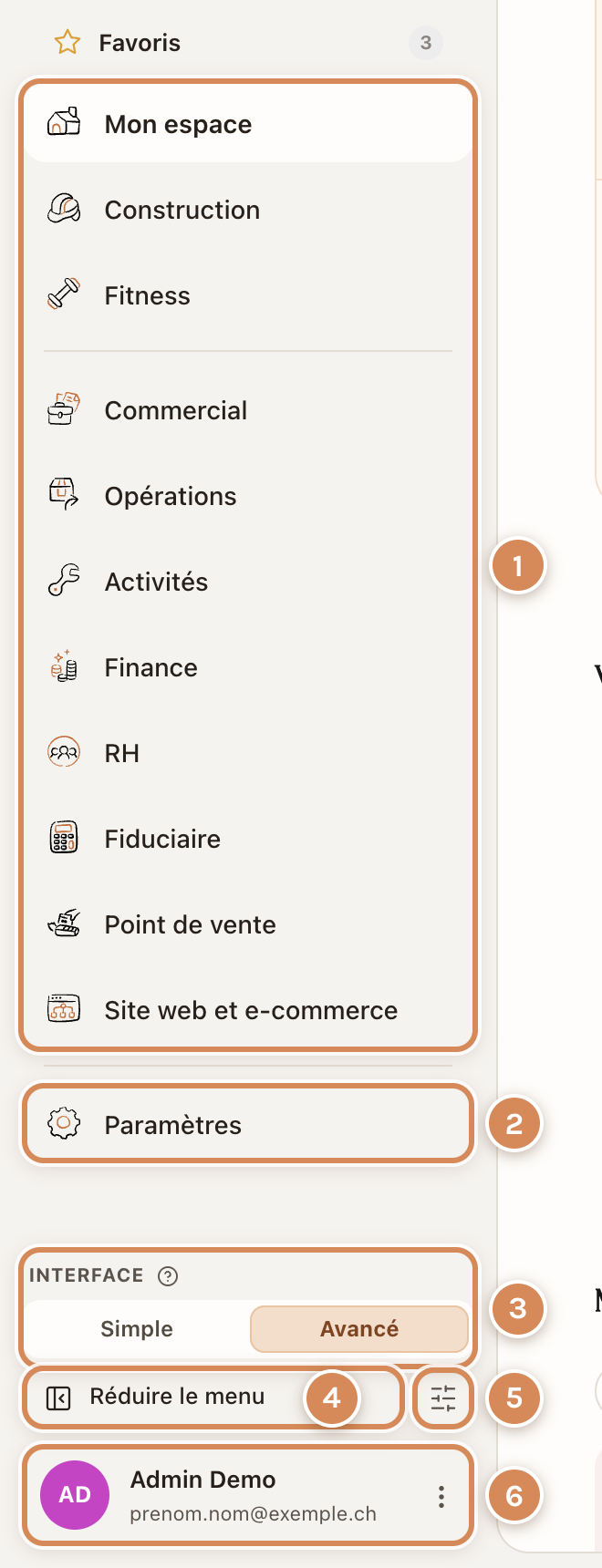 Le bas du menu : les espaces, Paramètres, Interface, Réduire le menu, Personnaliser le menu, le compte