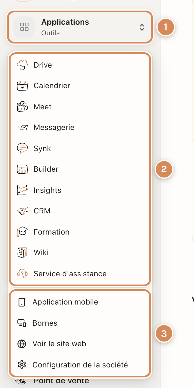 Le bouton Applications et sa liste