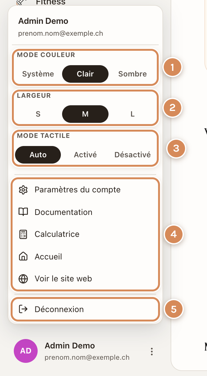 Le menu du compte, ouvert